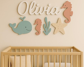 Under the Sea Nursery Name Sign, Personalized Wooden Name Sign Above Crib, Baby Nursery Wall Decor, 3D Baby Name Plaque