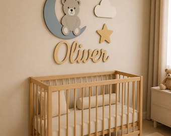 Personalized Teddy Bear Moon Nursery Name Sign, Wooden Baby Name Wall Decor, Custom Moon and Bear Nursery Decor, Baby Boy Crib Wall Art