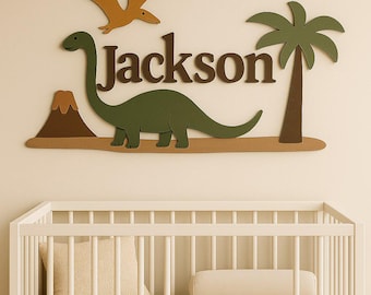 Dinosaur Personalized Name Sign for Nursery, Wooden Baby Name Above Crib, 3D Custom Baby Wall Sign, Nursery Wall Decor for Boys