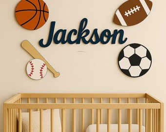 Personalized Sports Name Sign with LED Backlight | Custom Wooden Nursery Name | Basketball Football Soccer Baseball Wall Decor