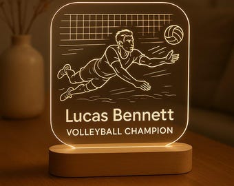 Volleyball Player Custom Night Light Personalized LED Gift with Laser Engraved Acrylic Design and Wooden Base