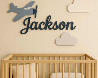 Airplane and Clouds Above Crib Name Sign, Personalized Wooden Nursery Name Sign, Custom Baby Wall Decor, 3D Boy Nursery Sign