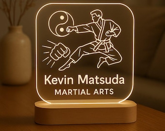 Martial Artist Custom Night Light Personalized LED Gift with Laser Engraved Acrylic Design and Wooden Base