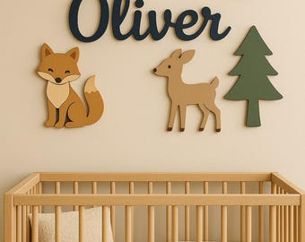 Woodland Animal Nursery Name Sign, Personalized Wooden Baby Name Sign for Wall, Above The Crib Nursery Decor, Baby Shower Gift