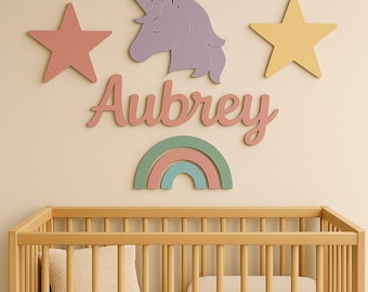 Unicorn Personalized Name Sign for Nursery Wall, Above Crib Baby Name Sign, 3D Wooden Plaque, Custom Baby Decor, Newborn Gift