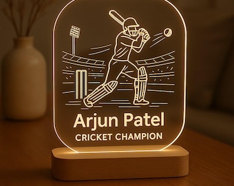 Cricket Player Custom Night Light Personalized LED Gift with Laser Engraved Acrylic and Wooden Base