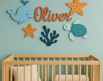 Personalize Name Sign Above The Crib Plaque, Under The Sea Nursery Sign, Wooden Baby Name Sign, 3D Nursery Wall Art, Ocean Theme