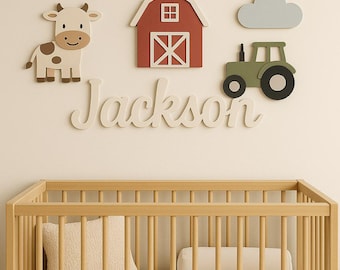Custom Farm Nursery Decor with LED Name Light | Personalized Wooden Name Sign | Cow Barn Tractor Wall Decor | Baby Boy Room