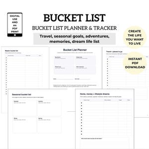 Könnte beinhalten: Ein digitaler Bucket-List-Planer und -Tracker mit dem Text "Bucket List Planner & Tracker". Der Planer enthält Abschnitte für Reisen, saisonale Ziele und Traumlisten. Das Bild enthält auch den Text "Digital Use and A4 PDF Print".
