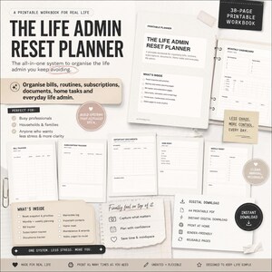 Puede incluir: Un libro de trabajo imprimible de 38 páginas titulado The Life Admin Reset Planner. El conjunto incluye varias plantillas para el seguimiento de facturas, suscripciones, documentos, mantenimiento del hogar y tareas semanales en un diseño en blanco y negro.