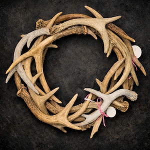 May include: A rustic wreath made of deer antlers in shades of brown and gray. The antlers are arranged in a circular shape, with some sections appearing lighter in color. Small white tags are attached with pink string.