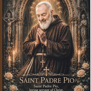 Puede incluir: Un diario de tapa dura con una ilustración de San Padre Pío con las manos juntas en oración. La portada incluye el texto 'SAINT PADRE PIO' seguido de una oración, rodeado de rosas color crema sobre un fondo de catedral oscuro y ornamentado.