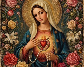 Lienzo con la imagen del Sagrado Corazón de María / Decoración religiosa cristiana para el hogar, obra de arte espiritual.