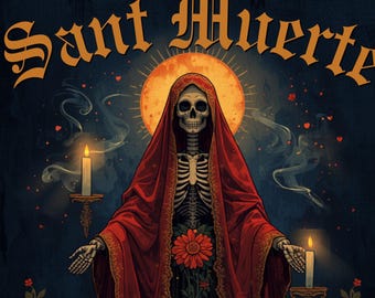 Lámina artística de Santa Muerte Guardiana de las Almas: Imagen de la deidad protectora, repele el mal de ojo.