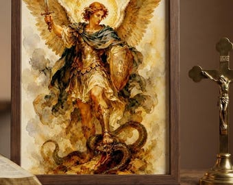 St Michael Archangel Watercolor Print, Christian Wall Art Digital Download