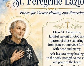 Tarjeta de oración de San Peregrino Laziosi para la sanación del cáncer – Devocional católico (Descarga instantánea)