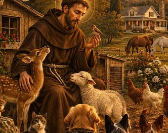 Lámina decorativa de San Francisco de Asís / Estampado religioso de la naturaleza, regalo para amantes de los animales (descarga digital)