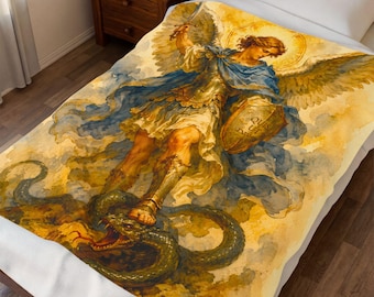 Manta de felpa de terciopelo con ilustración del Arcángel Miguel / Obra de arte de San Miguel 50" x 60"