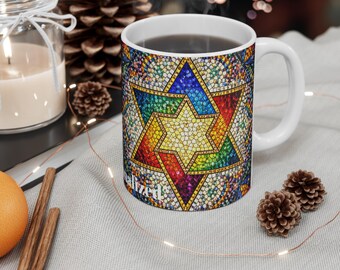 Rainbow Mosaic Star of David Mug | Personalized Name Option