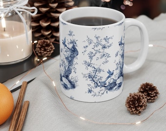 Blue Toile Bird Pattern Mug | Vintage Floral Cottagecore Ceramic