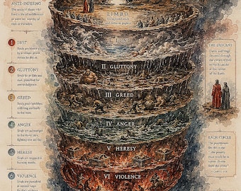 El Infierno de Dante. Los nueve círculos concéntricos del Infierno están estructurados según la gravedad del pecado. Descarga digital instantánea, sin producto físico.