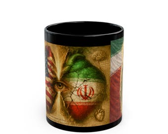 Patriotic USA and Iran Flags Eye Mug | Black Ceramic Coffee Mug