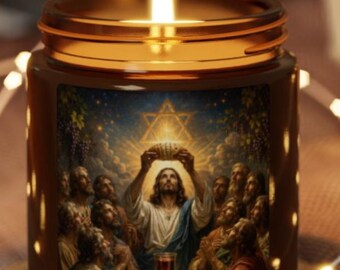 Jesus Eucharist Illustration Candle, Scented Soy Candle in Amber Jar