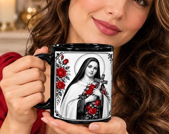 Taza de oración de Santa Teresa / Regalo para mamá, papá, abuela, taza de café católica de cerámica negra, Pequeña Flor de Jesús 110 oz