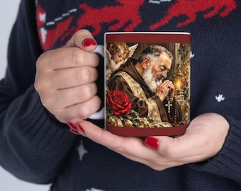 Taza con ilustración de la oración del Padre Pío / Devocional católica de cerámica de 325 ml y 444 ml