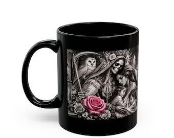 Taza de cerámica negra con oración a la Santa Muerte / Taza de café de 325 ml (11 oz) y 444 ml (15 oz).
