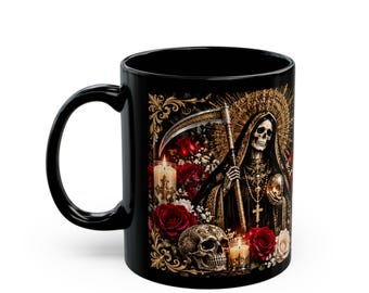 Santa Muerte Floral Prayer Mug | Black Gothic Spiritual Drinkware