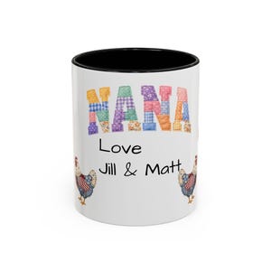 Taza con letras de patchwork NANA y gallinas de granja / Taza de café decorativa, envío gratis, nombre personalizado para nietos