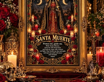 Arte del santuario de la Santa Muerte, Día de los Muertos, altar espiritual, arte popular mexicano, pared religiosa colgante Archivo digital, sin producto físico