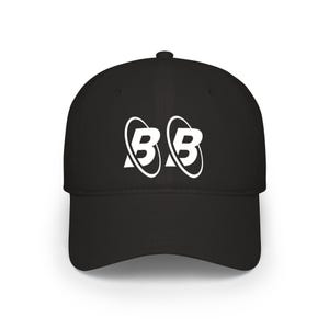 May include: Black baseball cap with a curved brim. The cap features a white logo of two stylized "B" letters inside of white ovals. The cap is made of a durable fabric and has a classic, sporty design.