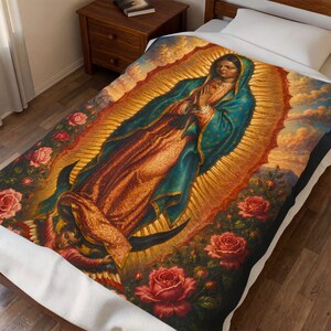 Our Lady of Guadalupe Velveteen Plush Blanket | AI generated,Religious Marian Devotional Throw