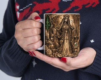 Taza de cerámica con oración a Santa Muerte / Taza gótica para altar de velas