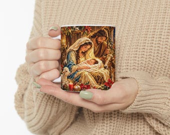 Taza navideña con escena de la Natividad / Taza de cerámica de la Sagrada Familia, regalo para mamá y papá.