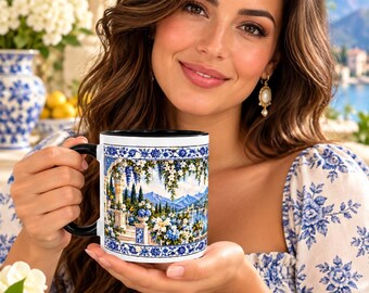Taza con diseño de pueblo costero mediterráneo / Taza de café con borde decorativo de azulejos panorámicos