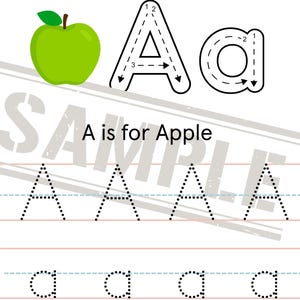 Op de afbeelding: Een wit educatief werkblad met de tekst "A is for Apple". De afbeelding toont een groene appelillustratie, hoofdletters en kleine letters "A" traceergidsen en stippellijnen voor handschrift oefening.