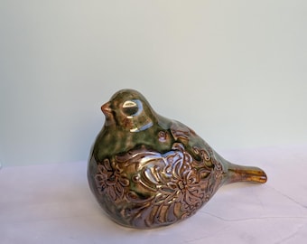 Glazed Ceramic Embossed Folk Art Pattern Bird Figure