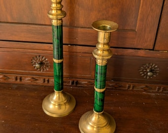 Brass and Faux Green Marble Candlesticks