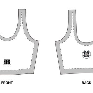May include: A white tank top design with a gray outline and a decorative button on the back. The front of the tank top has the letters "DB" in a square. The word "FRONT" is below the front view, and "BACK" is below the back view.