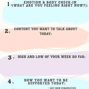 以下が含まれることがあります： 黒色の「THERAPY CHECK-IN」というタイトルのセラピーチェックインワークシート。ワークシートには、感情、内容、浮き沈み、サポートのニーズに関するプロンプトが含まれています。背景はパステルカラーです。
