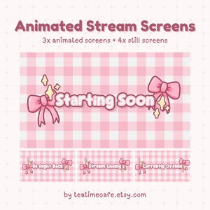 May include: Pink and white checkered background with the text "Animated Stream Screens" and "Starting Soon". Includes animated and still screens for streaming. Features pink bows and text: "Be Right Back", "Stream Ending", and "Currently Offline".