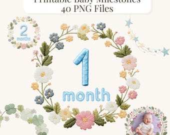 Baby Milestone Clipart, Printable Monthly Photo Props, Embroidery Style PNG