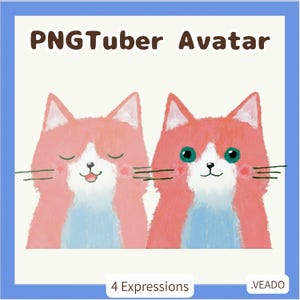 May include: A digital illustration featuring two pink and white cartoon cats with blue accents. The image has the text "PNGTuber Avatar" at the top and "4 Expressions" at the bottom. The cats have different expressions, one with closed eyes and the other with open eyes.