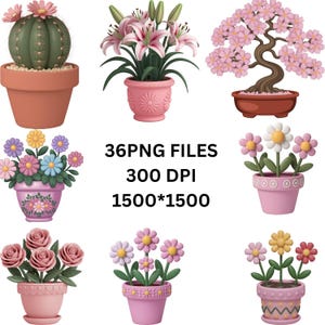 Clay Pot PNG Bundle, Cute 3D Plant Pots PNG, Garden Pot Graphics, Printable Digital Download, Transparent Background, 36 PNG Commercial use