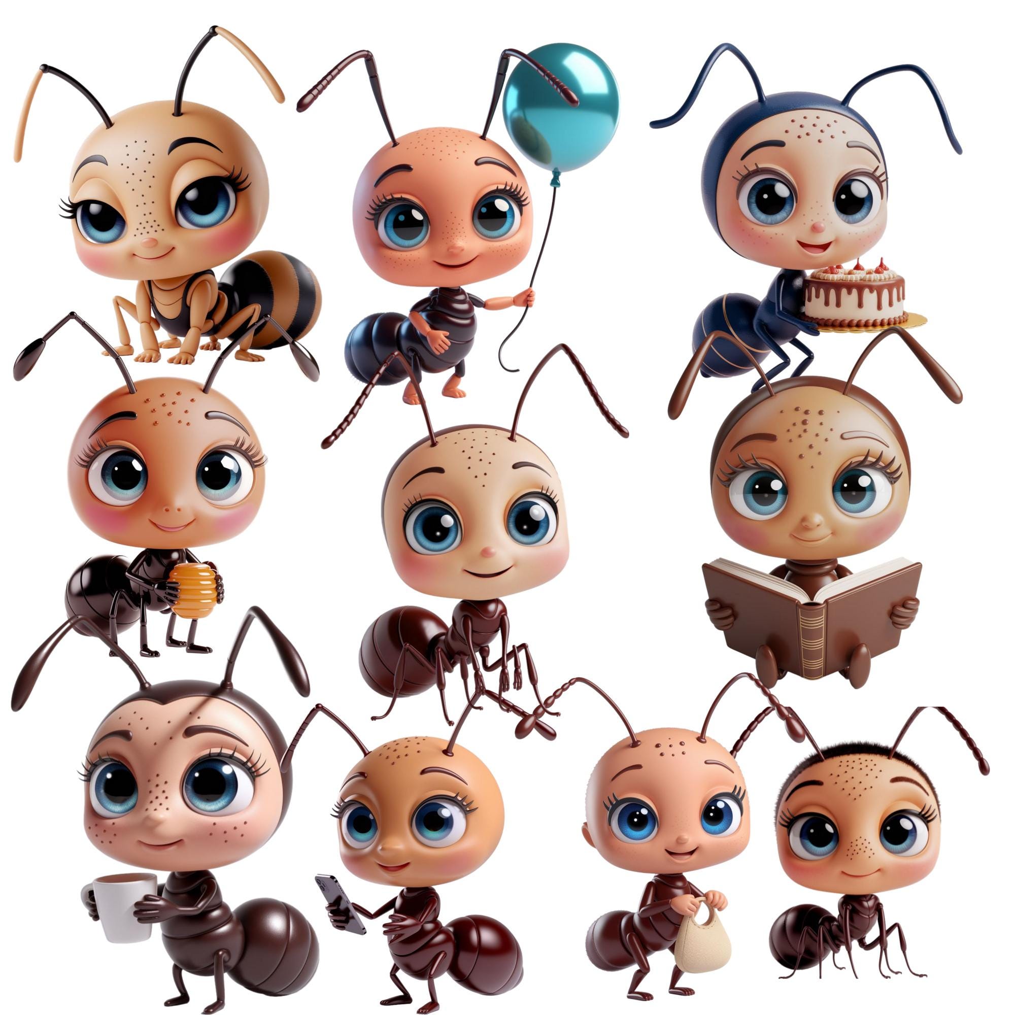 Ant Clipart | Cute 3D Ant PNG Bundle | 10 Files | Adorable Cartoon Ants ...