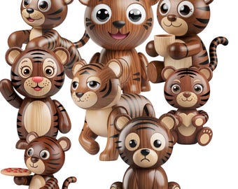 Cute Wooden Tiger Cub PNG Bundle | 8 High Resolution 3D Cartoon Tiger Clipart | Kids Nursery Art, Stickers, Printables, Commercial Use