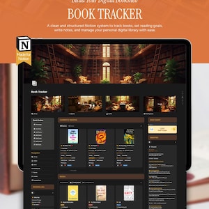 Plantilla de Notion para el seguimiento de lectura de la biblioteca personal: estantería digital estética y planificador de lectura acogedor